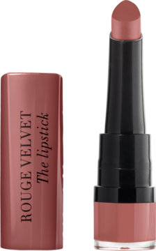 Matowa pomadka Bourjois Rouge Velvet w kolorze pudrowego różu, otwarta, z widoczną nazwą na skuwce.