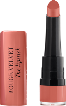 Matowa pomadka Bourjois Rouge Velvet The Lipstick w odcieniu Peach Tatin, otwarta, z wysuniętym sztyftem i napisem na nakładce.