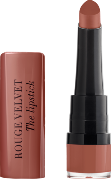 Matowa pomadka Bourjois Rouge Velvet w kolorze Carmelody, z odkrytym sztyftem obok zatyczki.