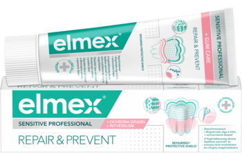 Tuba pasty Elmex Sensitive Professional Repair & Prevent, biało-zielona, z płaskim obrazem opakowania poniżej.