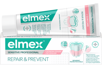 Tuba pasty Elmex Sensitive Professional Repair & Prevent, biało-zielona, z płaskim obrazem opakowania poniżej.