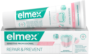 Elmex Sensitive Repair & Prevent pasta na wrażliwe zęby i dziąsła, biało-zielona tubka, pudełko, widok pod kątem.