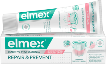 Pasta Elmex Sensitive Professional Repair & Prevent, tubka i opakowanie. Biało-turkusowe z różowymi detalami, widok z przodu.