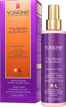 Yoskine Tsubaki Slim Body, japoński booster-spray na cellulit z Matchą i kofeiną. Fioletowa butelka i opakowanie.