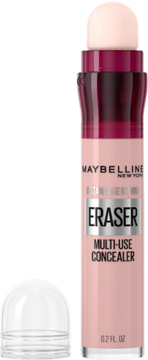 Maybelline Instant Age Rewind Eraser Multi-Use Concealer w różowej tubce z gąbką, widok z przodu.