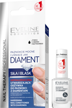 Białe pudełko i butelka Eveline Nail Therapy Professional, utwardzająca odżywka z diamentami, obok siebie.