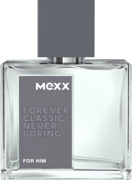 Szklana butelka wody toaletowej Mexx Forever Classic Never Boring For Him, z szarą etykietą i nakrętką.