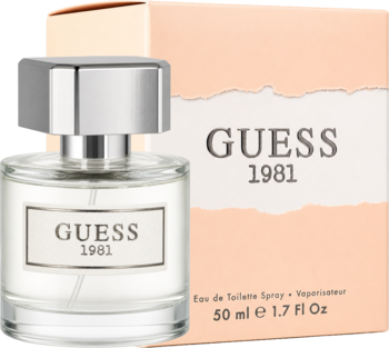 Guess 1981 perfumy dla kobiet, szklana butelka 50ml z srebrną zakrętką, widok z przodu przed beżowym pudełkiem.