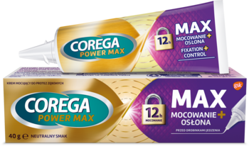 Dwie tubki kremu do protez Corega Power Max, jedna stojąca, druga leżąca, złoto-fioletowe opakowania z detalami 12h.