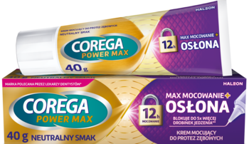 Dwie tubki Corega Power Max 40g, kremu mocującego o neutralnym smaku, z fioletową grafiką '12h osłona'.