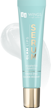 AA WINGS of Color Glam Lips Serum w turkusowej tubce ze złotą nakrętką, z tekstem 'wygladza nawilza' i smużką.