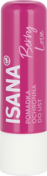 Isana Berry Love ochronna pomadka do ust w różowej tubie z białym spodem, widok z przodu.
