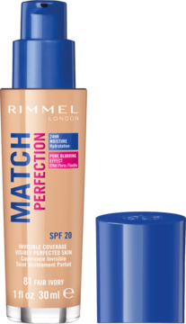 Rimmel Match Perfection 81 Fair Ivory SPF 20, beżowy podkład z niebieską pompką i oddzieloną nakrętką.