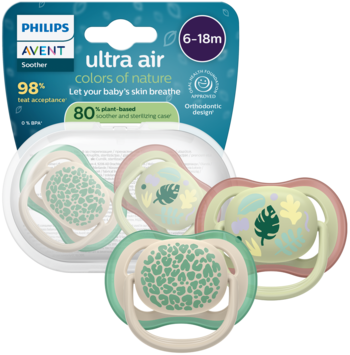 Trzy smoczki Philips Avent Ultra Air 6-18m, w kolorach natury: zielonym i różowym, z liśćmi, na tle opakowania.