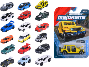 Asortyment 18 metalowych samochodzików 1:64 i zapakowany żółty Majorette Jeep z kartą kolekcjonerską.