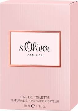 Różowe pudełko s.Oliver For Her Eau de Toilette 50 ml, widok z przodu, z różowozłotą ramką.