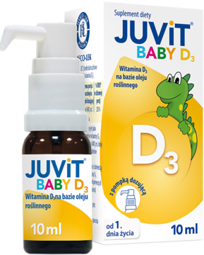 JUVIT BABY D3: brązowa butelka z białym aplikatorem i żółto-białe pudełko, witamina D3 dla dzieci, widok z przodu.