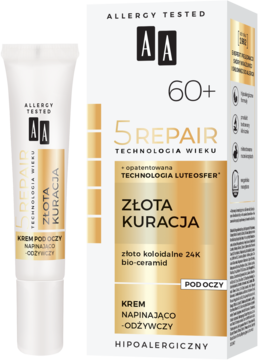 AA Złota Kuracja 60+ krem pod oczy z 24K złotem, biała tuba i opakowanie widoczne z przodu.