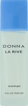 Damska woda perfumowana Donna La Rive w wysokiej, prostokątnej butelce z akwamarynowym płynem i błękitną nakrętką.