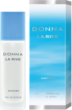 Woda perfumowana La Rive Donna, świeży zapach: butelka z niebieską nakrętką i pudełko w błękitne fale.