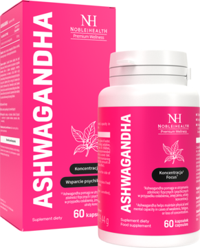 Ashwagandha Noblehealth, biała butelka z różową etykietą na tle różowego pudełka. 60 kapsułek dla koncentracji.