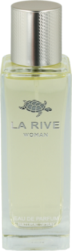 LA RIVE Woman Eau de Parfum w przezroczystej butelce z żółtym płynem, srebrną nakrętką i logo żółwia.