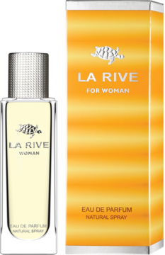 LA RIVE FOR WOMAN EAU DE PARFUM, przezroczysta butelka obok pomarańczowego pudełka ze srebrnym logo, przód.