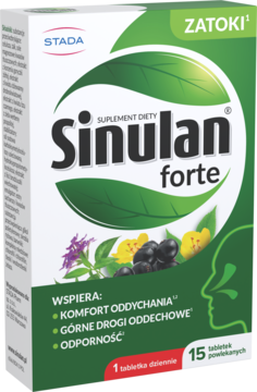 Sinulan Forte suplement diety, zielono-białe pudełko, wspiera oddech, 15 tabletek, widok z przodu.