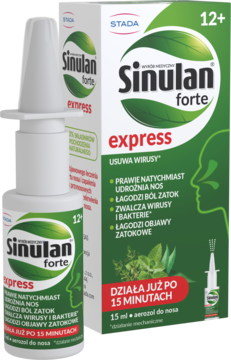 Sinulan forte express 15ml aerozol do nosa. Biało-zielone opakowanie z obietnicą szybkiego działania i butelka.