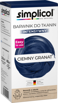 Simplicol intensywny barwnik do tkanin w płynie, ciemny granat, w białym pudełku, z napisem Easy to use, widok z przodu.