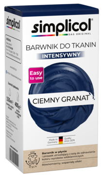 Simplicol intensywny barwnik do tkanin Ciemny Granat, biało-granatowe pudełko z grafiką złożonego materiału, z przodu.