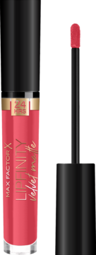 Max Factor Lipfinity Velvet Matte w odcieniu koralowym, otwarty z aplikatorem i zamknięty.