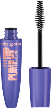 Otwarty fioletowy tusz Miss Sporty Pump Up 24H Volume z różowym napisem i czarną szczoteczką.