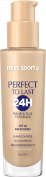 Podkład Miss Sporty Perfect to Last 24H, odcień 10 Ivory, SPF 20, butelka z pompką, widok z przodu.