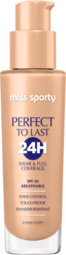 Beżowy matujący podkład Miss Sporty Perfect to Last 24H z SPF 20 w butelce z pompką, widok z przodu.