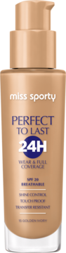 Miss Sporty Perfect to Last 24H długotrwały podkład, beżowa butelka z pompką, przód, odcień 15 Golden Ivory, SPF 20.