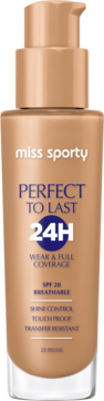 Miss Sporty Perfect to Last 24H beżowy podkład SPF 20, szklana butelka z pompką, widok z przodu.