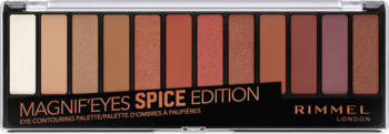 Rimmel Magnif'Eyes Spice Edition, paleta 12 ciepłych, matowych i połyskujących cieni do powiek. Widok z góry.
