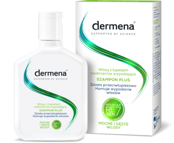 Biała butelka szamponu Dermena Plus i pudełko z zielonymi falami, na wypadanie włosów i łupież, widok z przodu.
