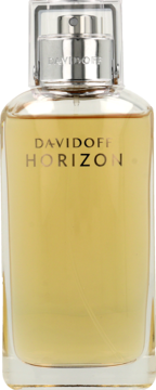Davidoff Horizon: męskie perfumy w przezroczystej butelce z bursztynowym płynem, srebrna nakrętka i logo. Widok z przodu.