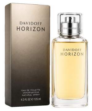 Davidoff Horizon perfumy męskie w bursztynowej butelce z srebrną zakrętką, obok brązowego pudełka, z przodu.