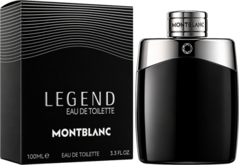 Montblanc Legend woda toaletowa męska: czarna, błyszcząca butelka ze srebrnym korkiem oraz opakowanie, widok z przodu.