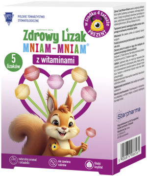 Suplement diety Zdrowy Lizak Mniam-Mniam z witaminami, biało-fioletowe pudełko z wiewiórką i 5 lizakami.