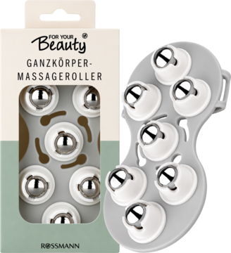 Masażer całego ciała Rossmann For Your Beauty, szary z 8 metalowymi kulkami 360°, obok beżowego pudełka.