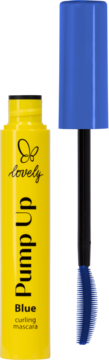 Yellow tube of Lovely Pump Up Blue curling mascara, open, showing the blue applicator brush and wand.