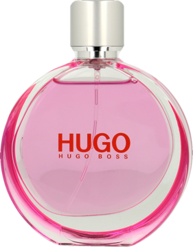 Różowa woda perfumowana Hugo Boss Woman Extreme w okrągłej butelce, srebrna nakrętka, czerwone logo, widok frontalny.