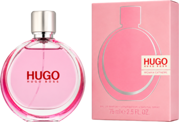 Różowa woda perfumowana Hugo Boss Woman Extreme 75ml. Butelka z srebrnym korkiem i pudełko na tle.