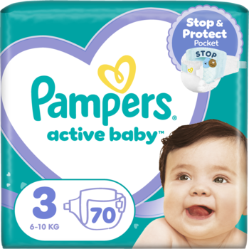 Pampers Active Baby, rozmiar 3 (6-10kg), 70 pieluch, opakowanie turkusowe z sercem i hasłem Stop & Protect Pocket.
