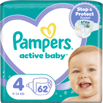 Turkusowe opakowanie Pampers Active Baby, rozmiar 4 (62 szt.), z uśmiechniętym dzieckiem i systemem Stop & Protect Pocket.