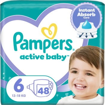 Turkusowe opakowanie pieluszek Pampers Active Baby, rozmiar 6 (48 szt.), z uśmiechniętym dzieckiem i sercem. Widok przód.